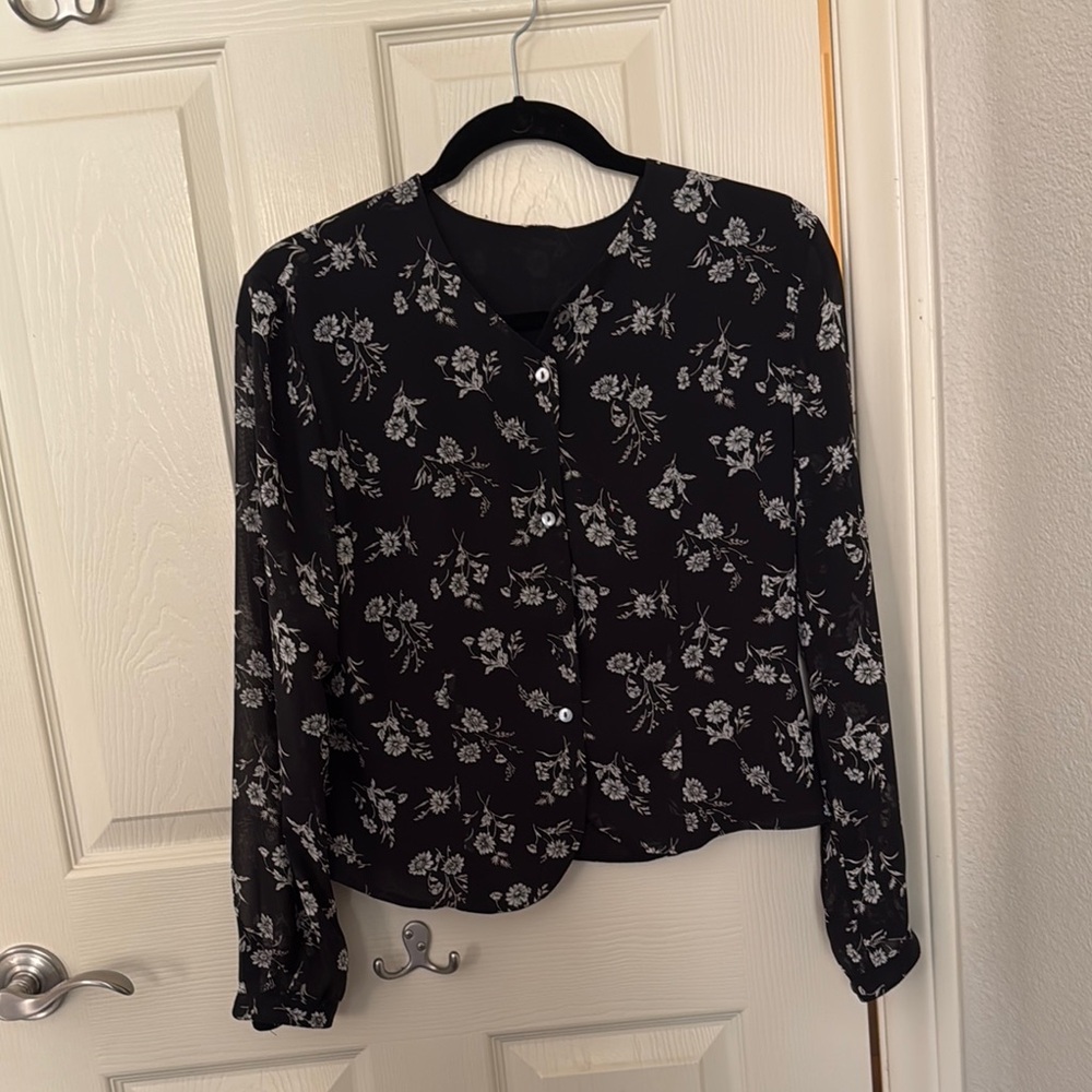 Women’s black blouse (white floral) with sheer long sleeves